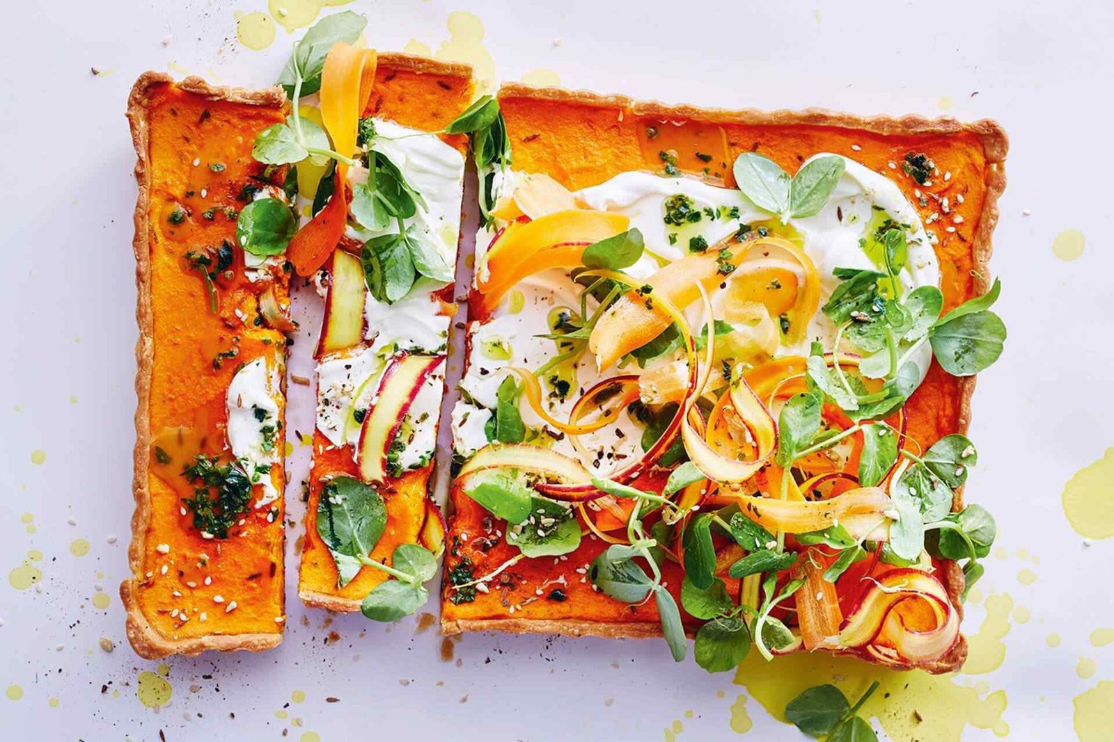Gluten-free caramelised carrot tart with carrot-top salsa verde